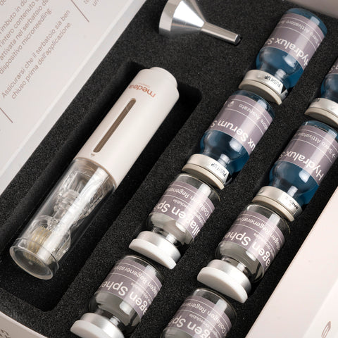 Dettaglio fiale RH Collagen e Hydralux Serum Medea con dispositivo applicatore per trattamento viso rassodante